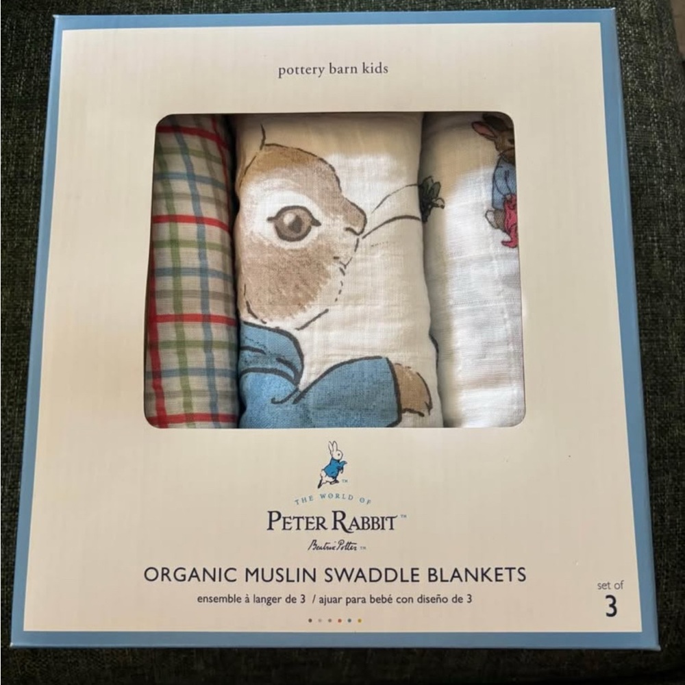 BNIB Pottery Barn Kids Peter Rabbit Organic Muslin Swaddle Set